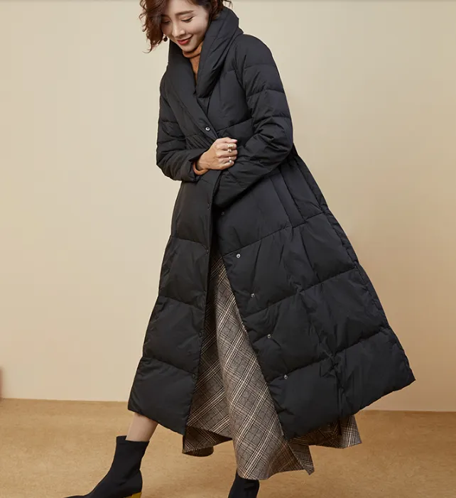 A-Line Long Winter Puffer Coat Duck Down Jacket Large Collar Women Warm Jacket 56603