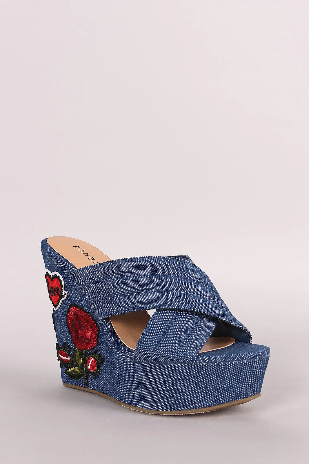 Bamboo Quilted Denim Cross Band Heart Patch Platform Wedge