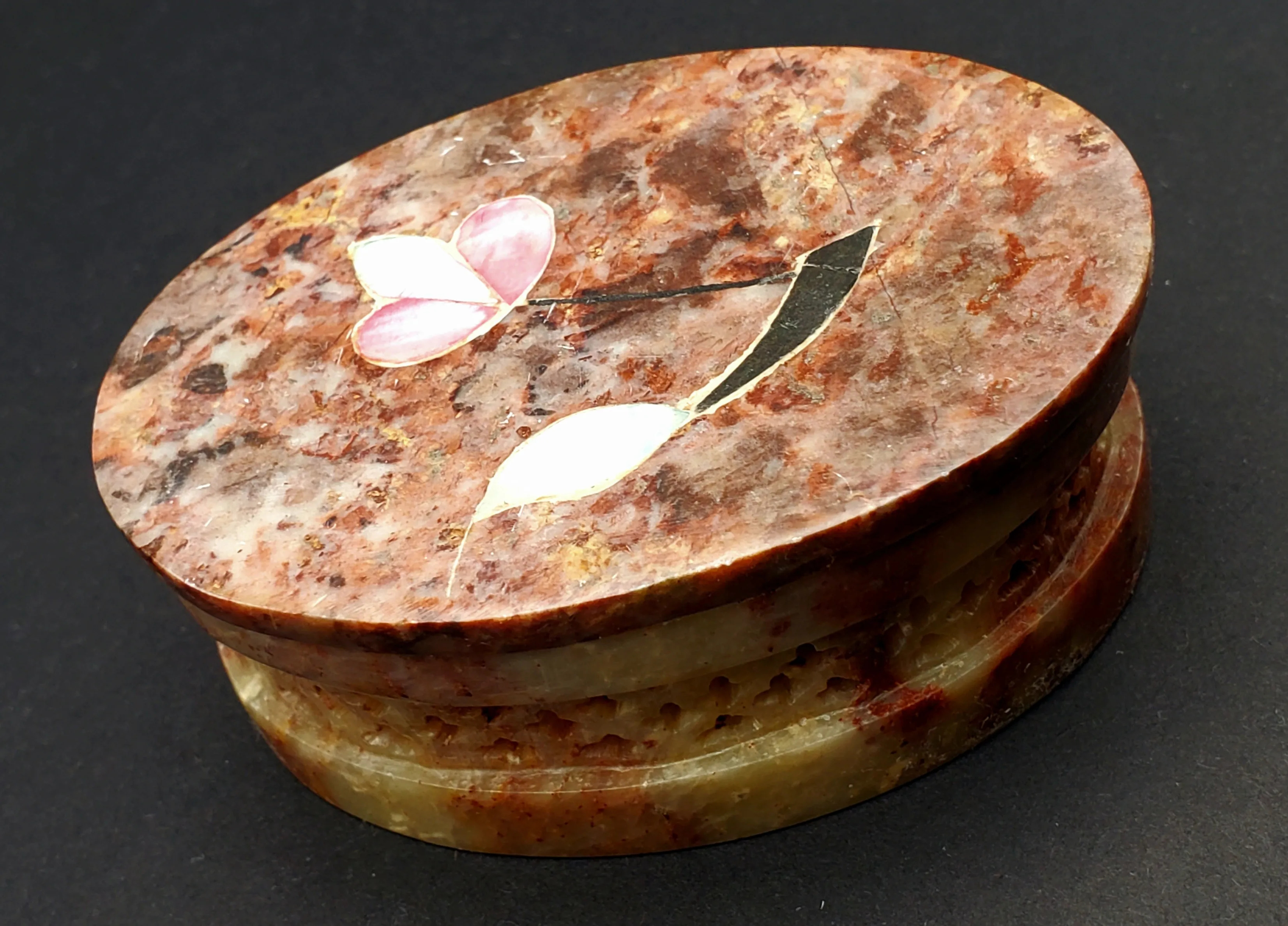 Carved Soapstone Inlaid Mother-of-Pearl Trinket Box