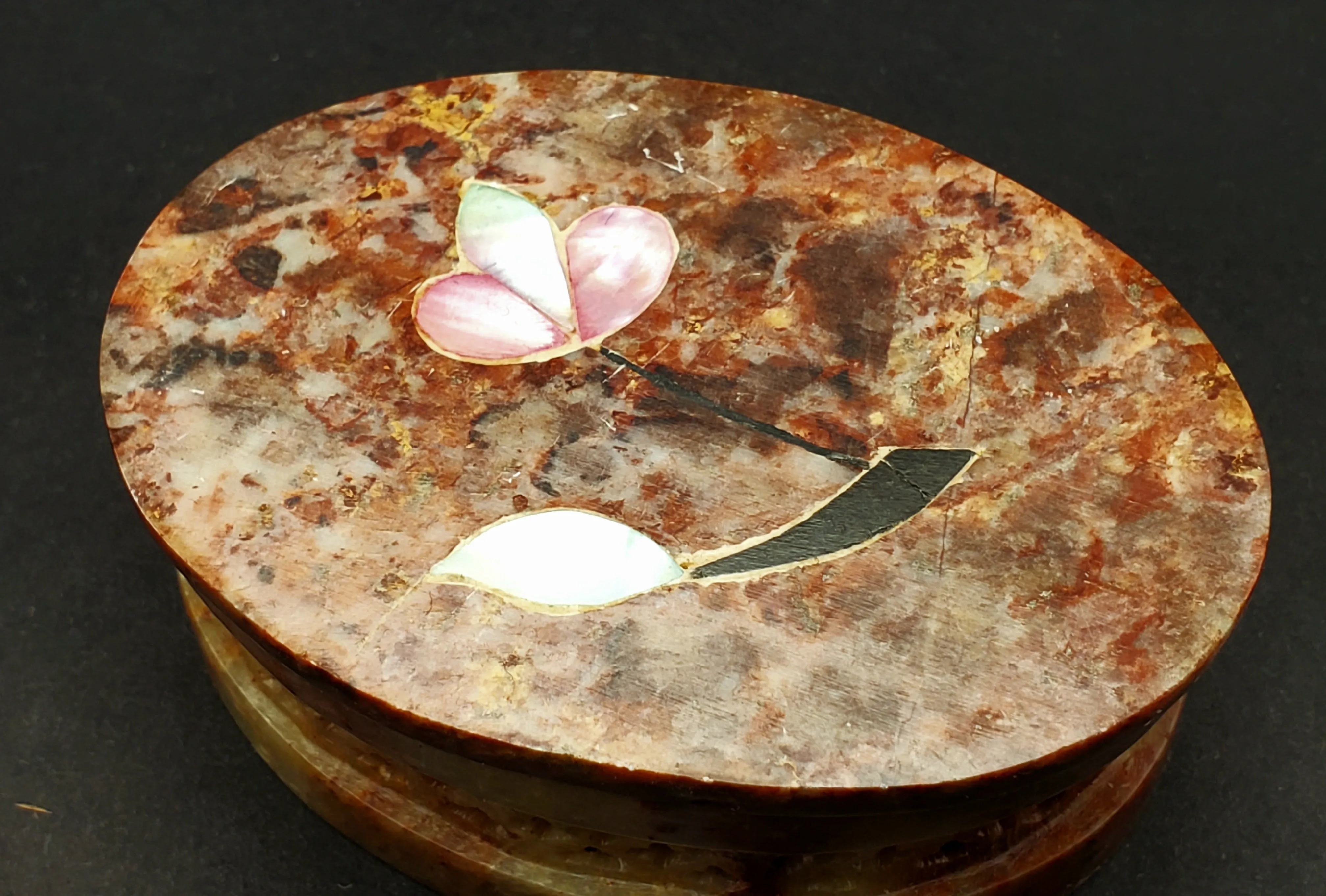 Carved Soapstone Inlaid Mother-of-Pearl Trinket Box