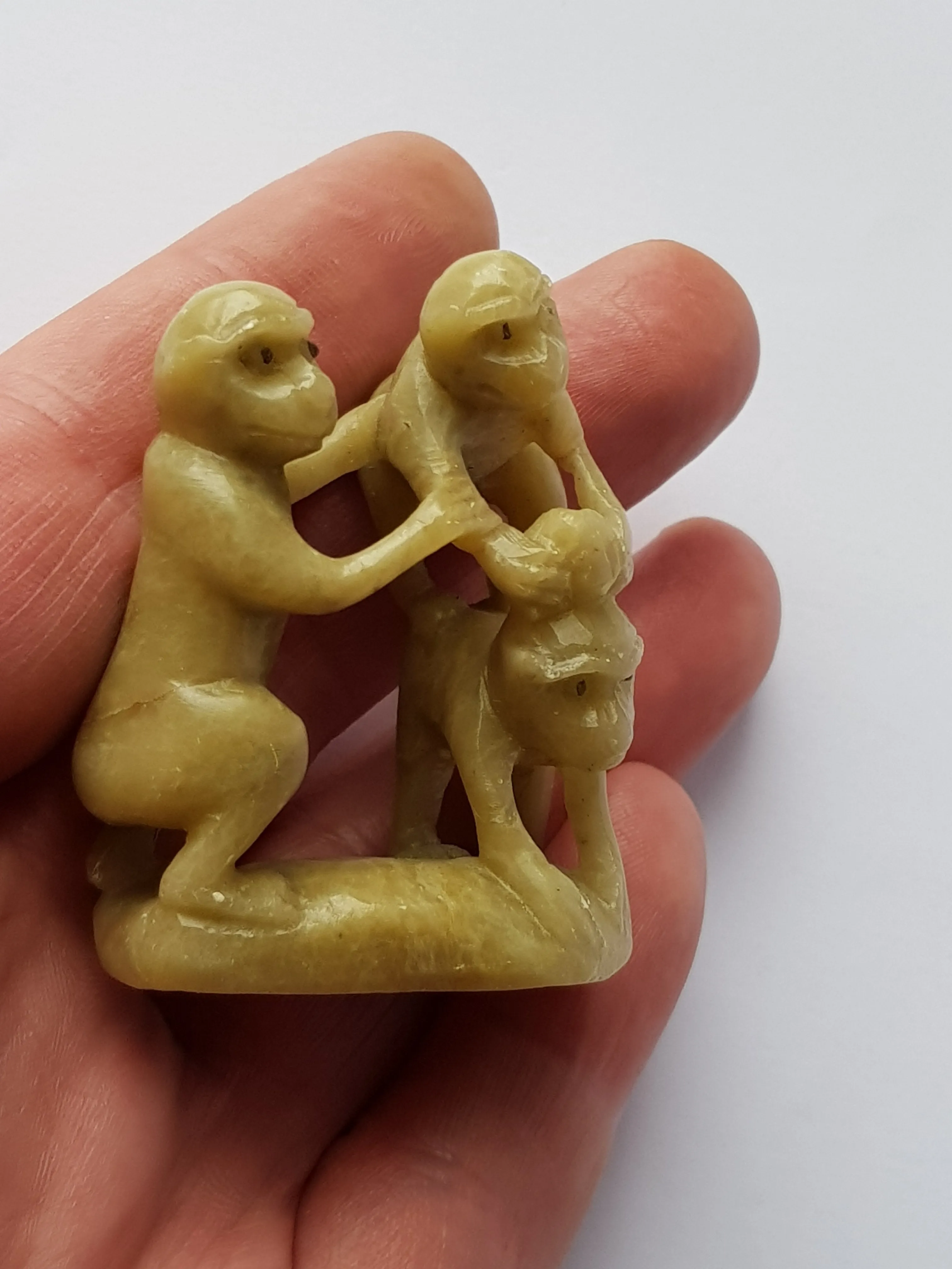 Chinese One Piece Hand Carved Soapstone Figure Of A Group of Monkeys Vintage Circa 1930's