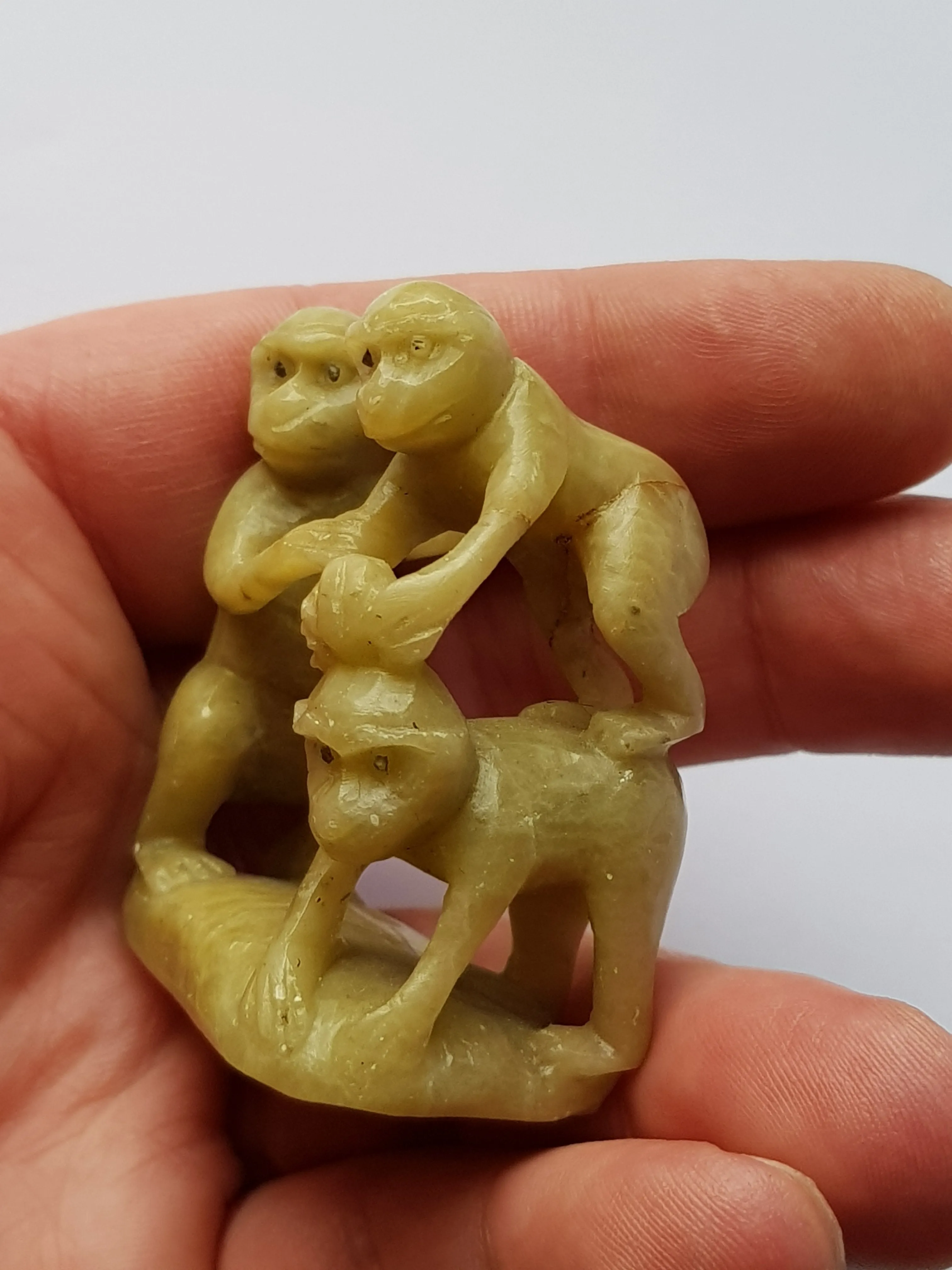 Chinese One Piece Hand Carved Soapstone Figure Of A Group of Monkeys Vintage Circa 1930's