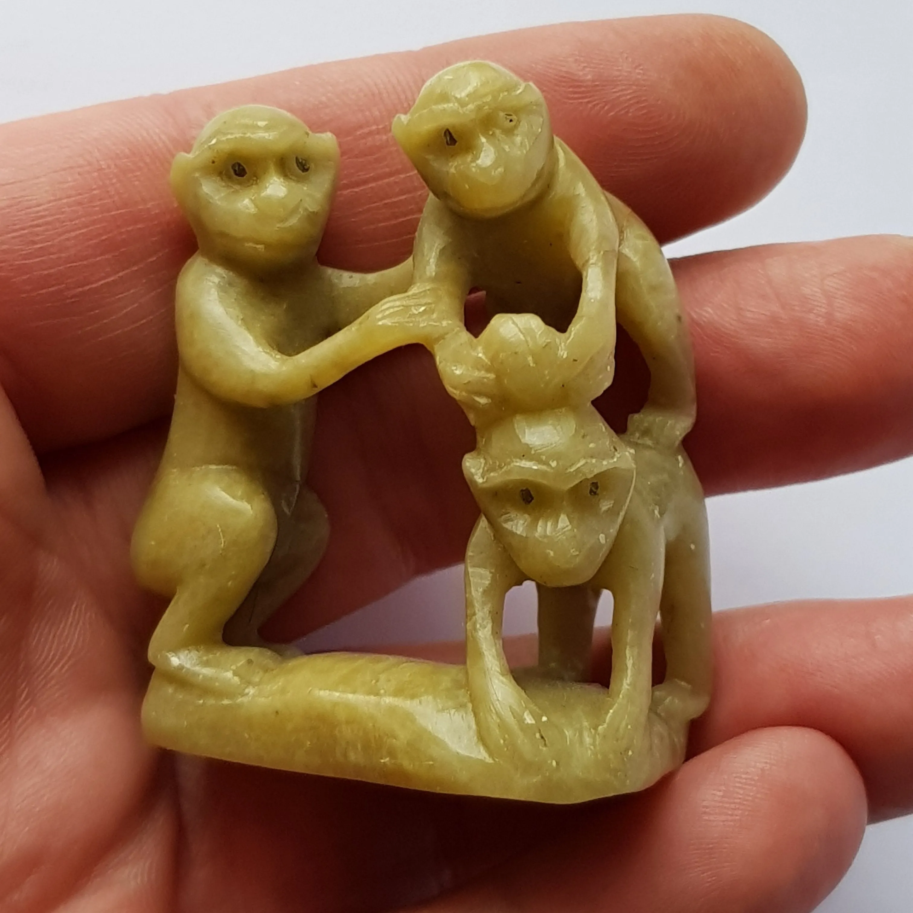 Chinese One Piece Hand Carved Soapstone Figure Of A Group of Monkeys Vintage Circa 1930's