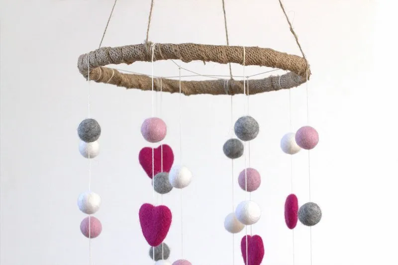 Felt Ball & Heart Nursery Mobile- Berry, Baby Pink, Gray - LARGE