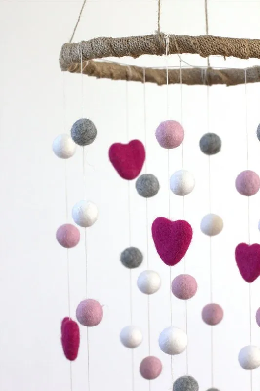 Felt Ball & Heart Nursery Mobile- Berry, Baby Pink, Gray - LARGE