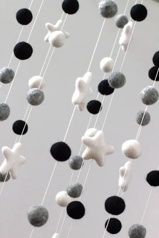 Felt Ball & Star Nursery Mobile- Black, Gray, White- LARGE