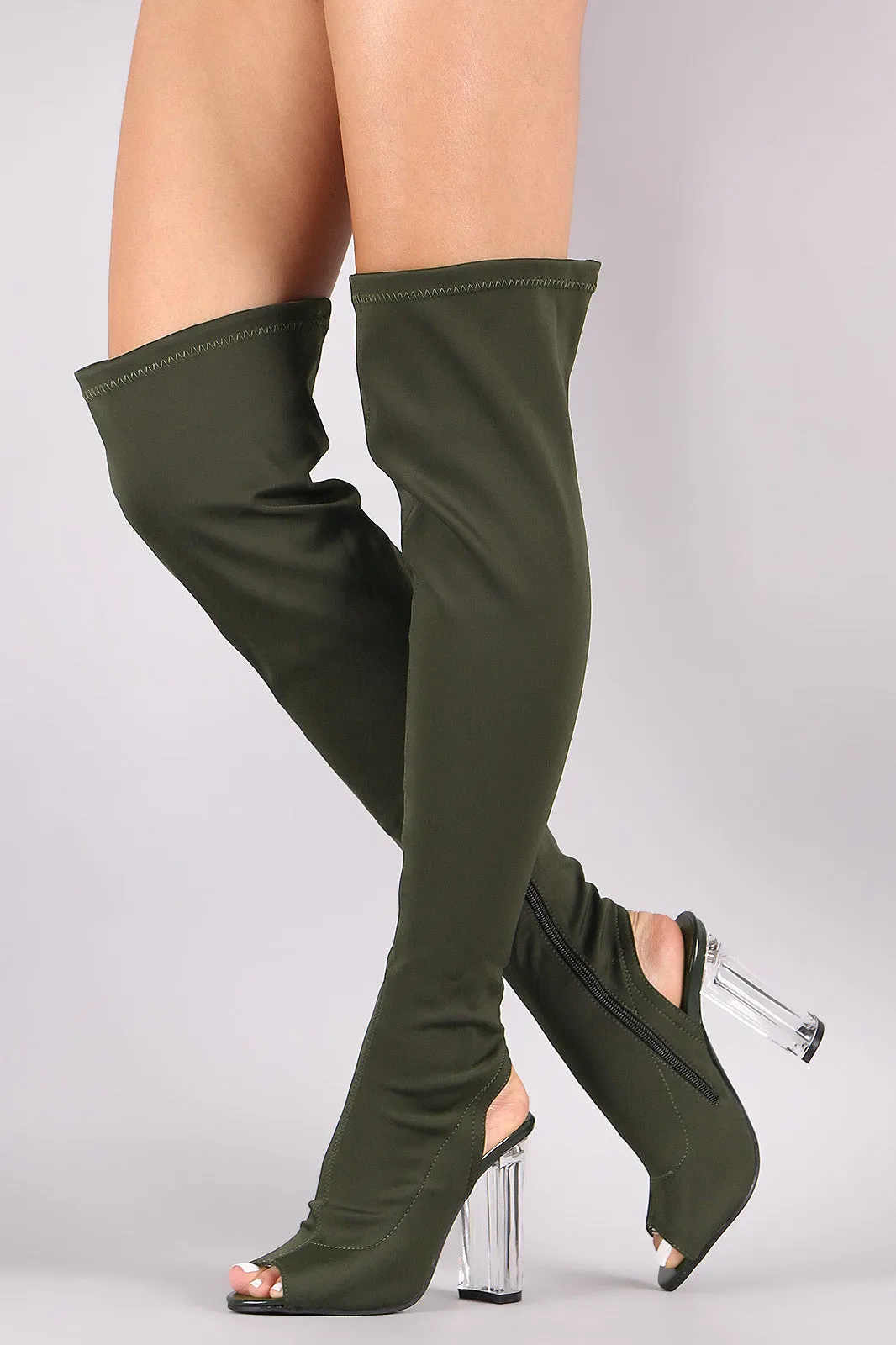 Fitted Elastane Chunky Lucite Heeled Over-The-Knee Boots