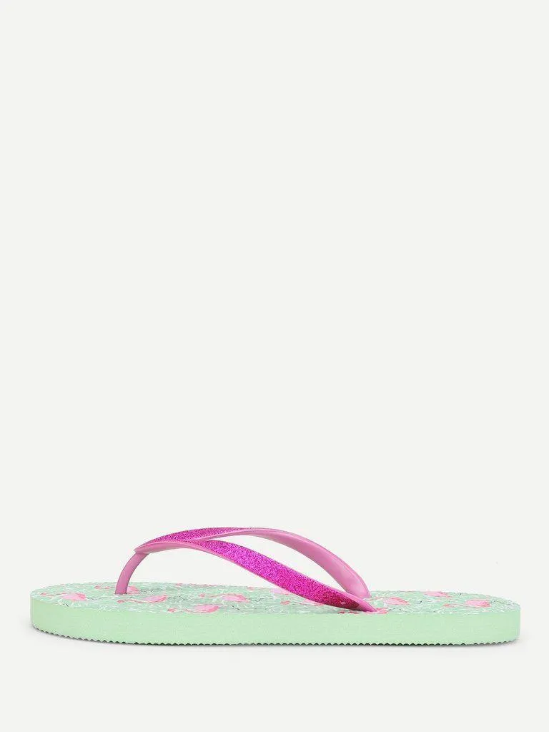 Flamingo Print Flip Flops