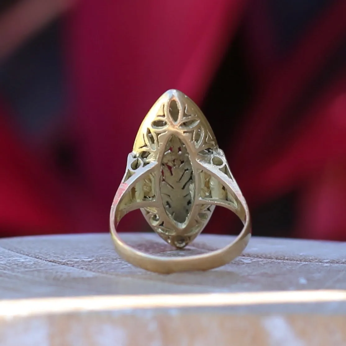 Hand Carved Navette Ring, 14ct Yellow Gold, size Q or 8.25g