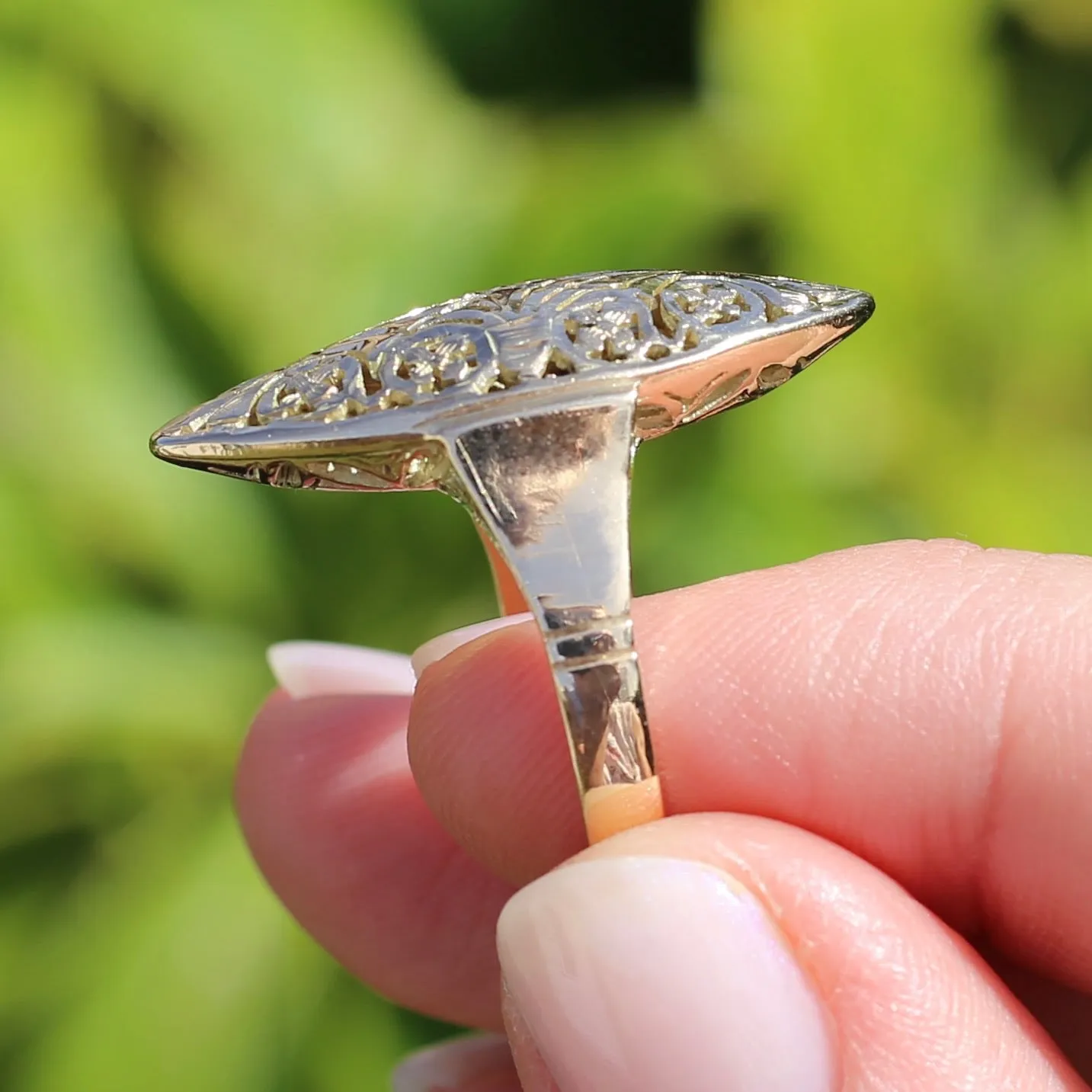 Hand Carved Navette Ring, 14ct Yellow Gold, size Q or 8.25g