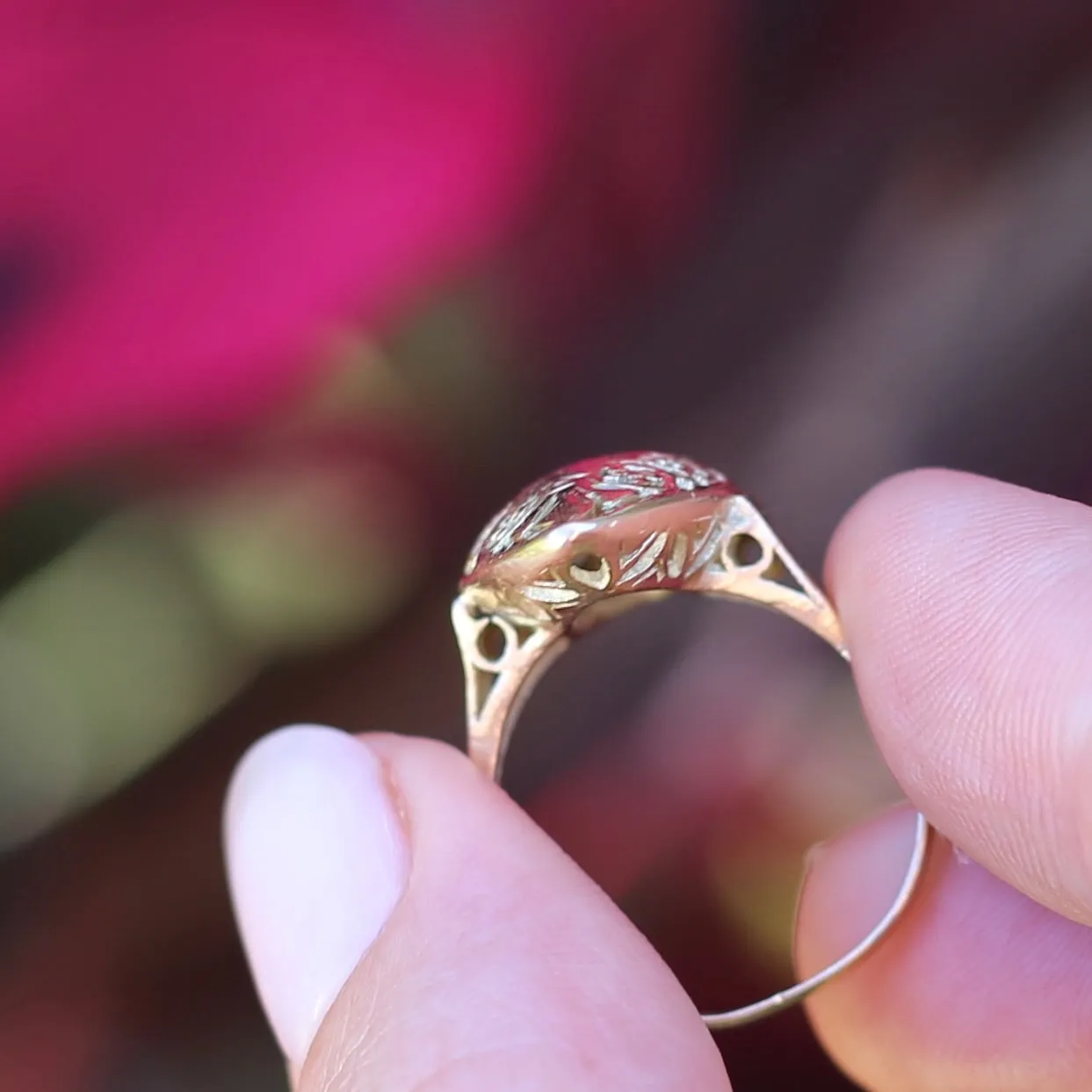 Hand Carved Navette Ring, 14ct Yellow Gold, size Q or 8.25g