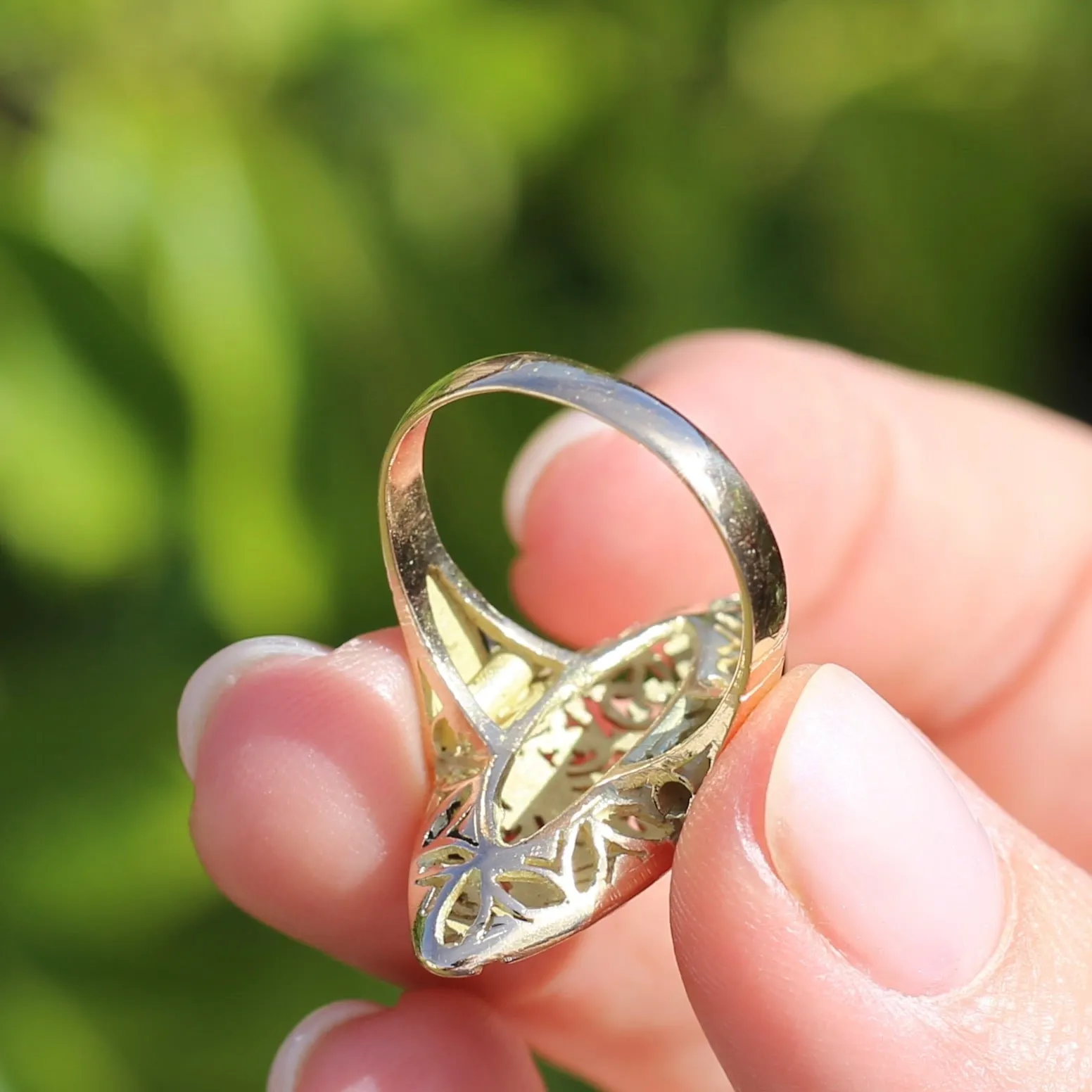 Hand Carved Navette Ring, 14ct Yellow Gold, size Q or 8.25g