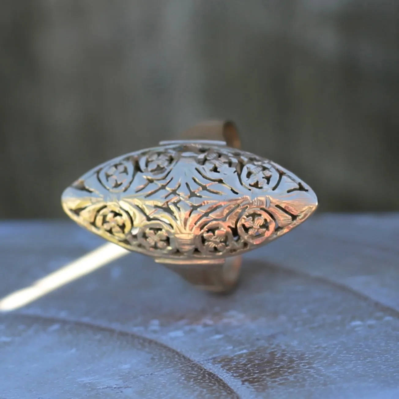 Hand Carved Navette Ring, 14ct Yellow Gold, size Q or 8.25g