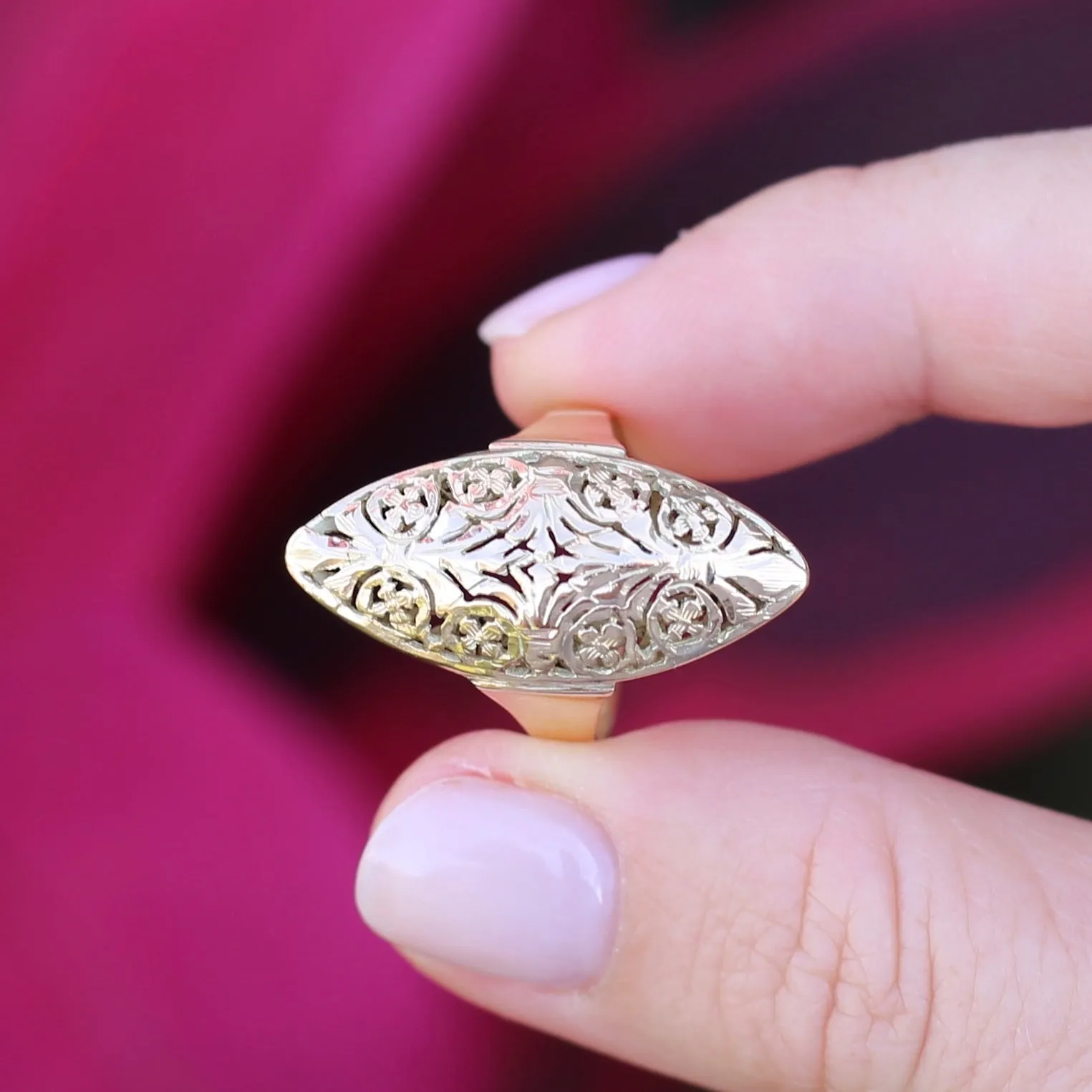 Hand Carved Navette Ring, 14ct Yellow Gold, size Q or 8.25g