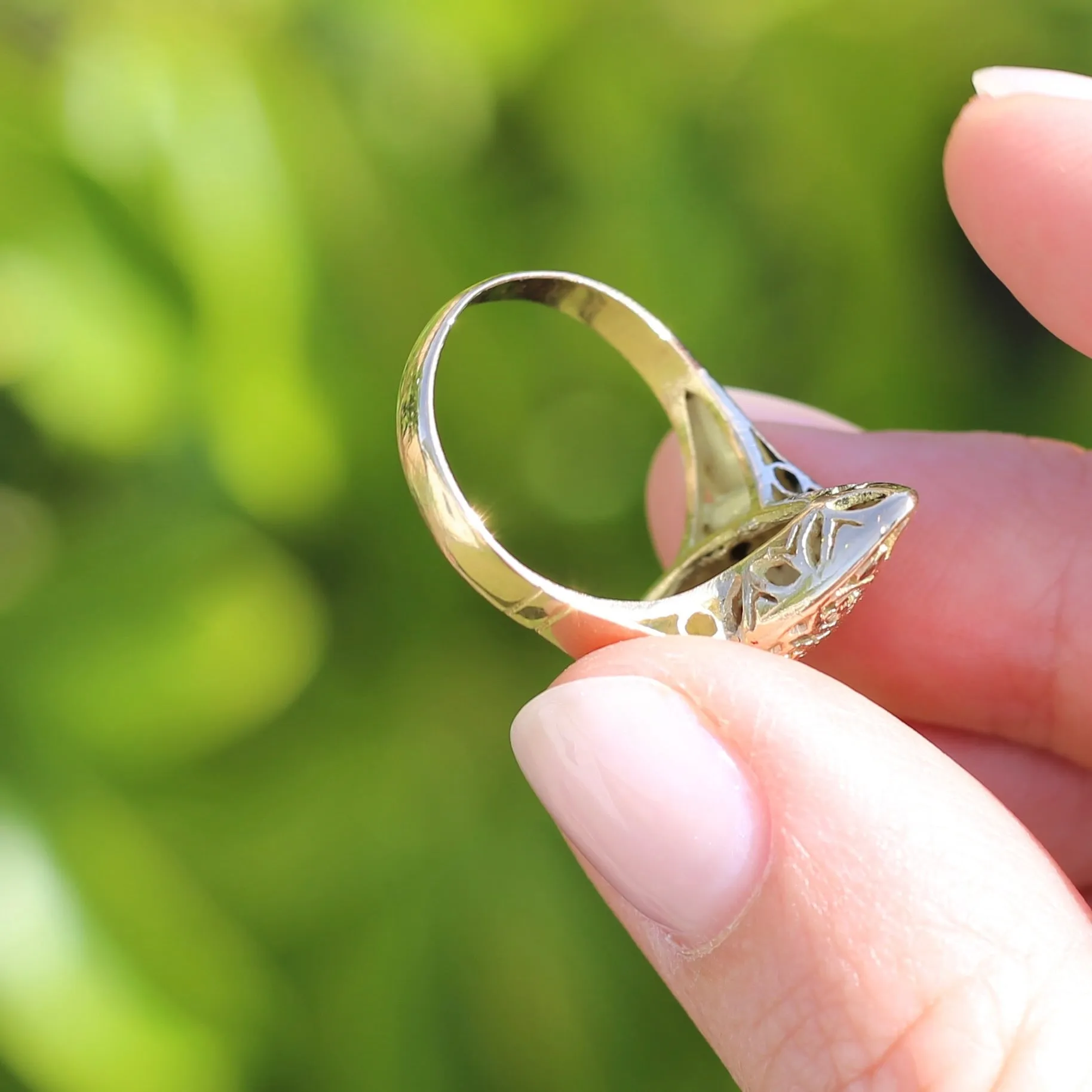 Hand Carved Navette Ring, 14ct Yellow Gold, size Q or 8.25g