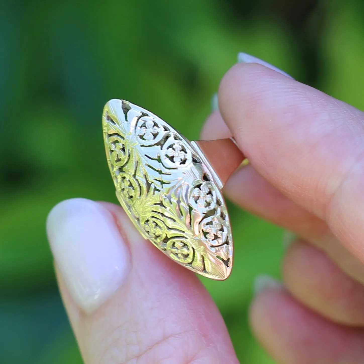 Hand Carved Navette Ring, 14ct Yellow Gold, size Q or 8.25g