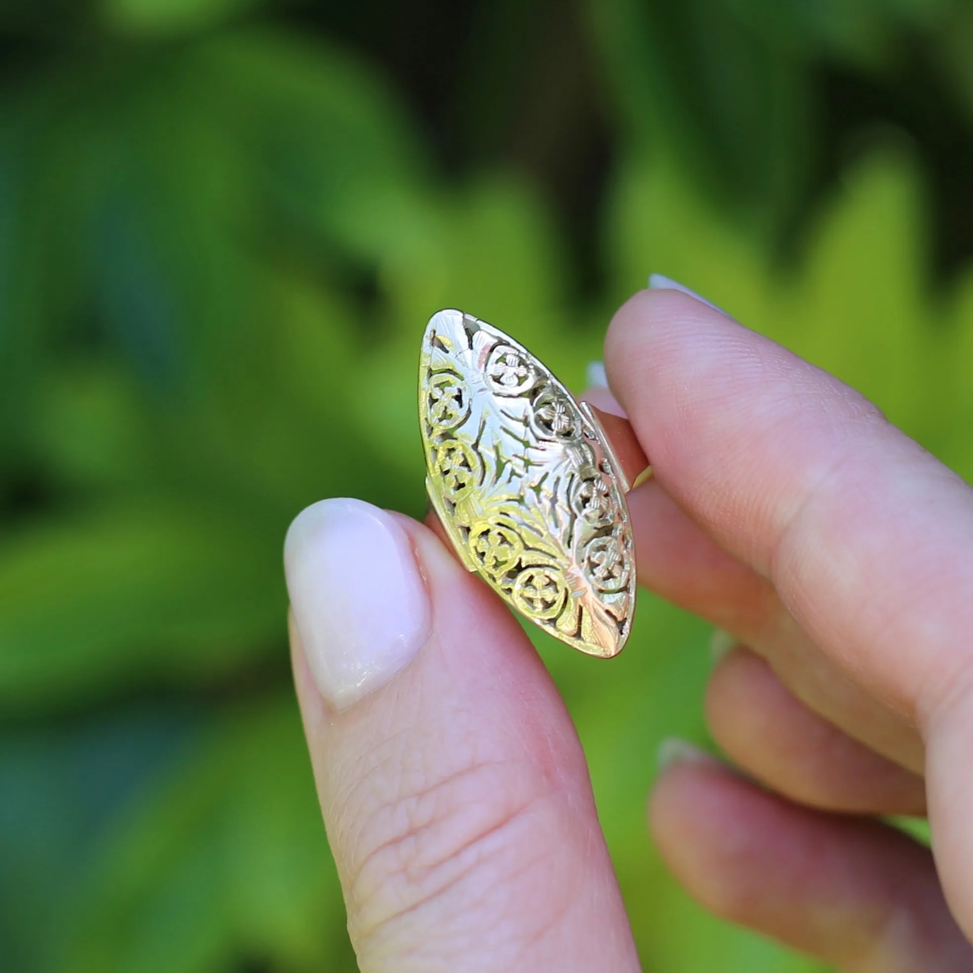 Hand Carved Navette Ring, 14ct Yellow Gold, size Q or 8.25g