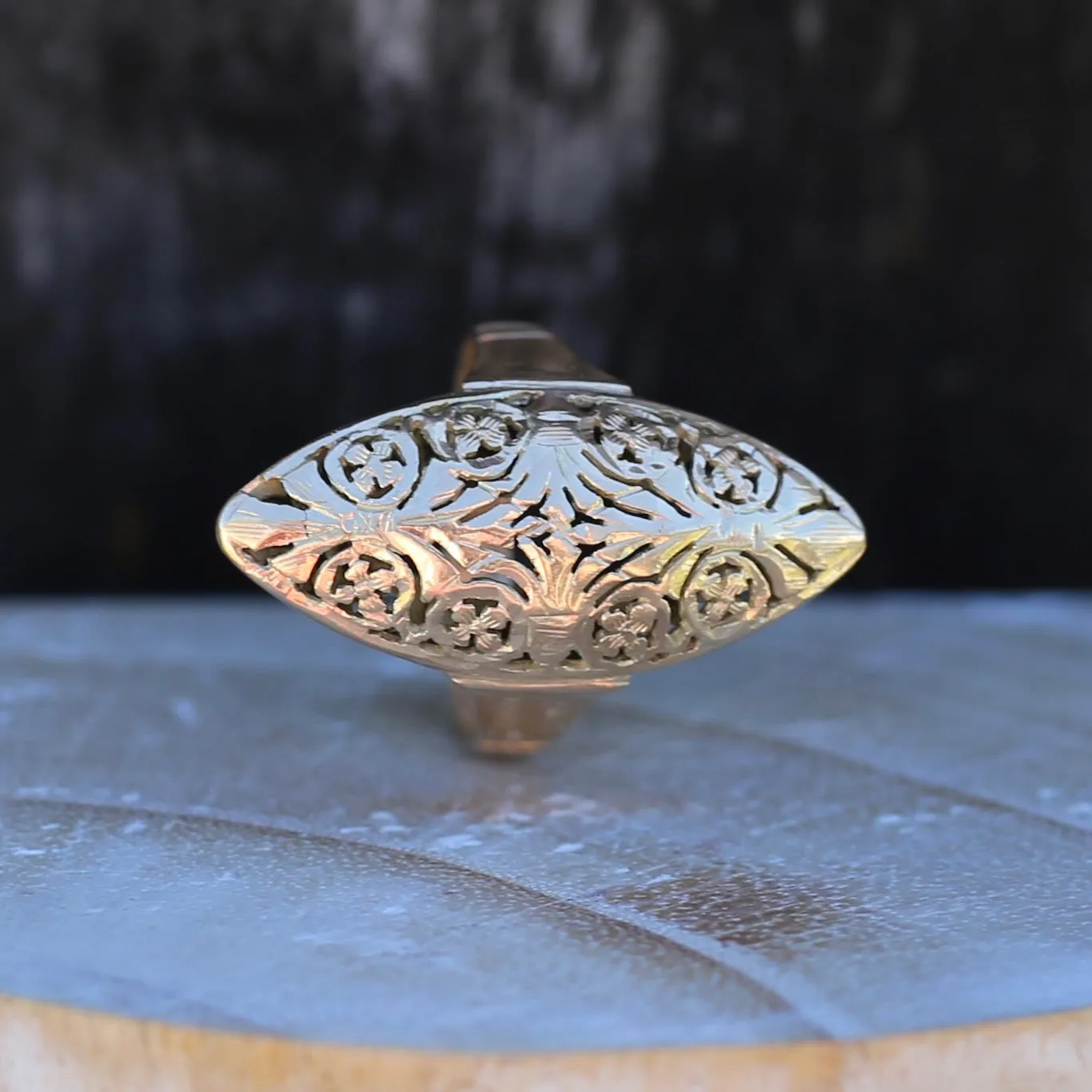 Hand Carved Navette Ring, 14ct Yellow Gold, size Q or 8.25g