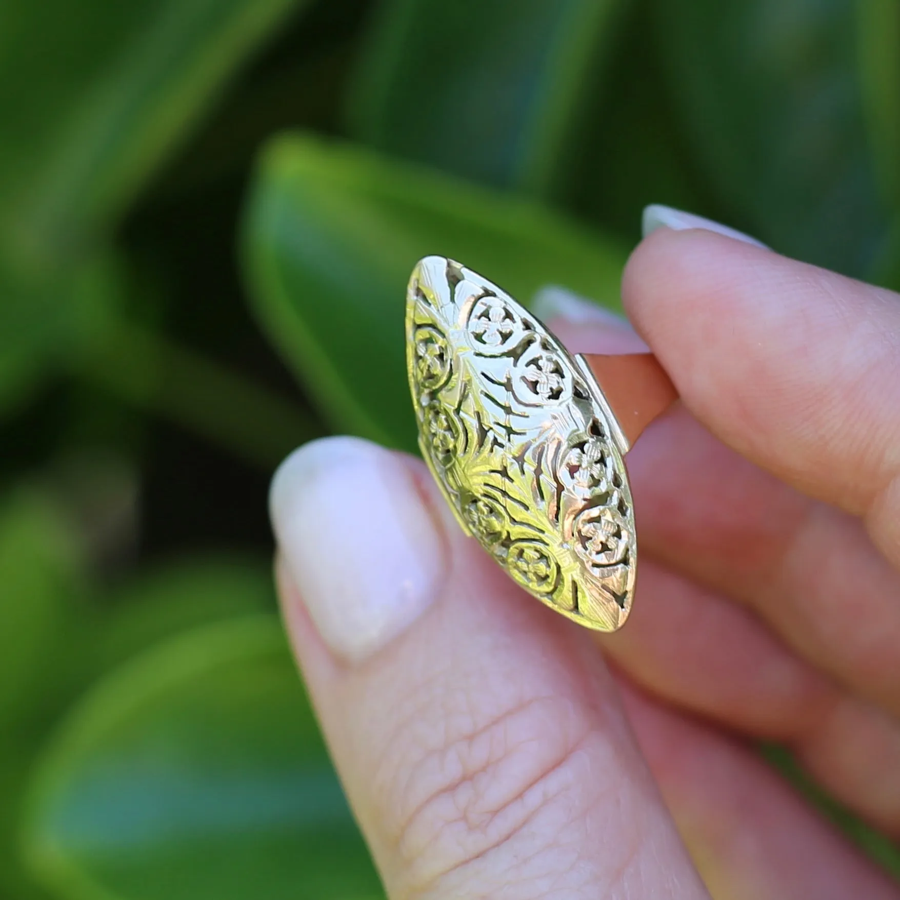 Hand Carved Navette Ring, 14ct Yellow Gold, size Q or 8.25g