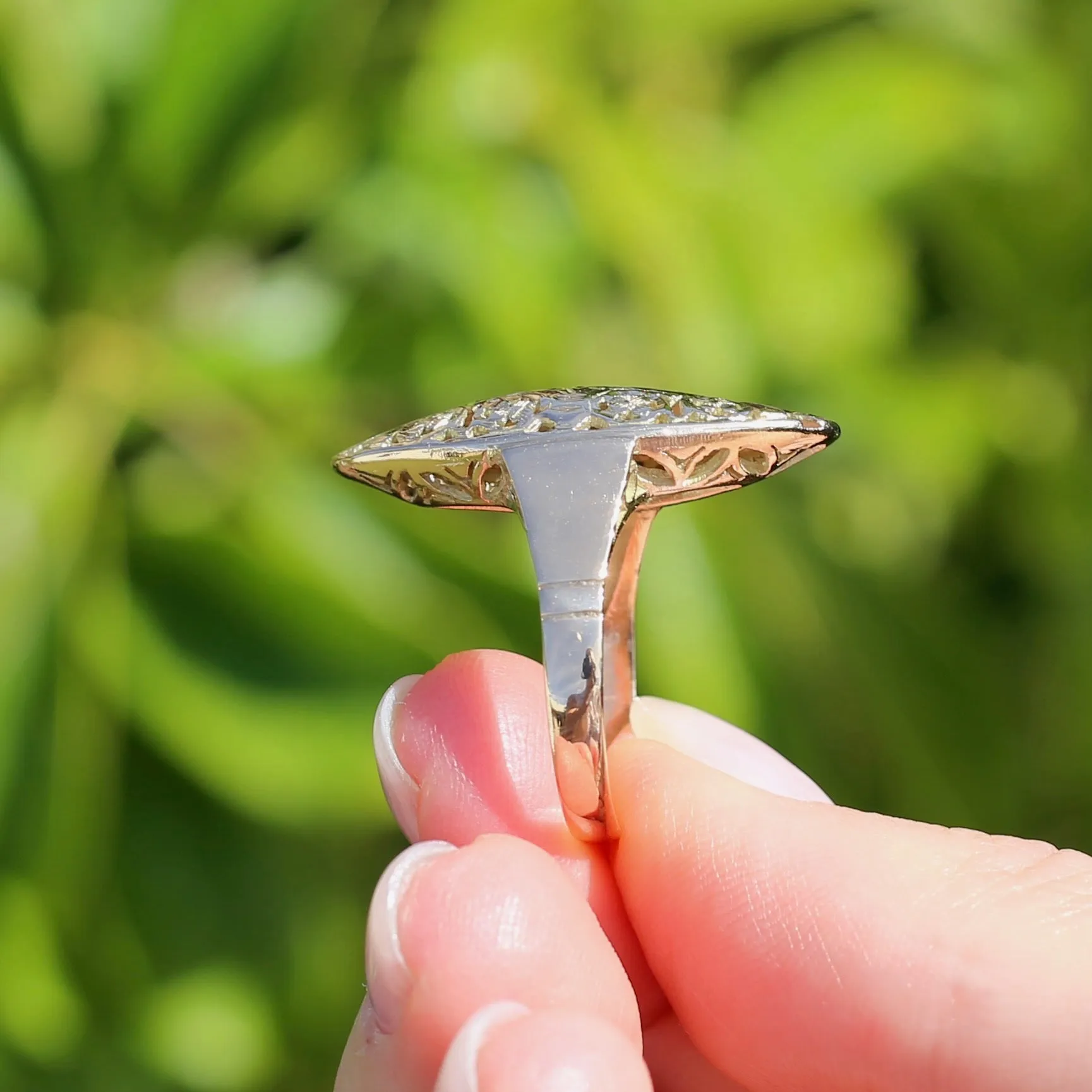 Hand Carved Navette Ring, 14ct Yellow Gold, size Q or 8.25g