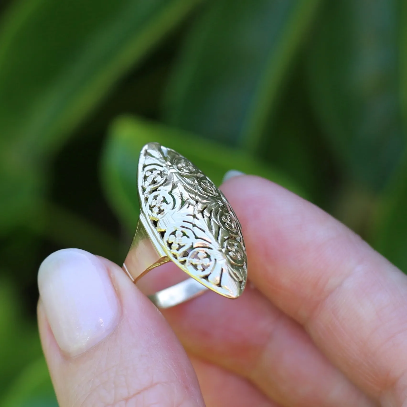 Hand Carved Navette Ring, 14ct Yellow Gold, size Q or 8.25g