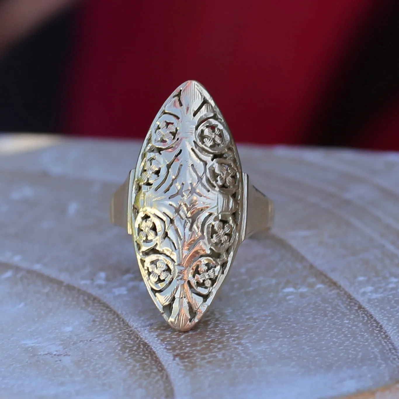 Hand Carved Navette Ring, 14ct Yellow Gold, size Q or 8.25g