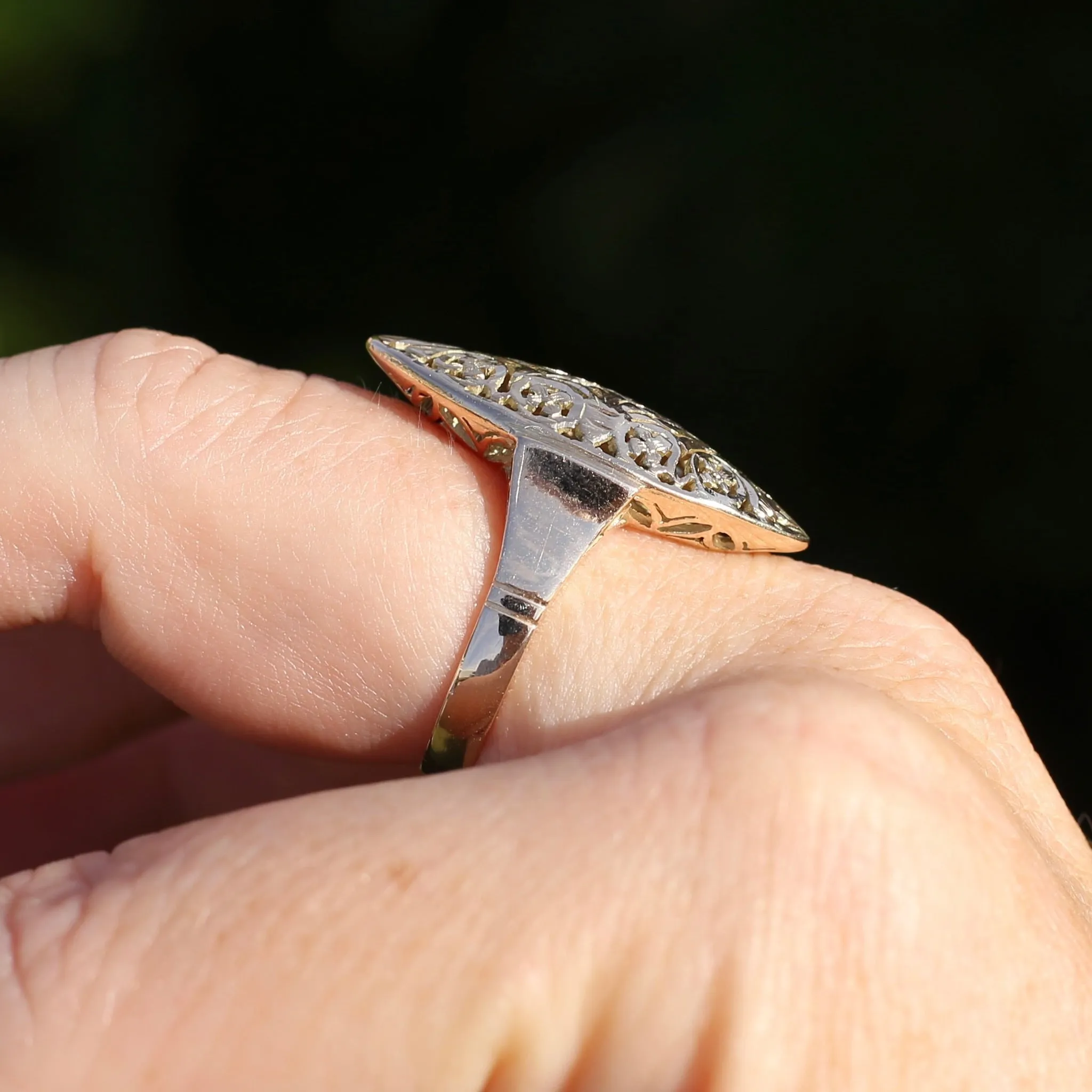 Hand Carved Navette Ring, 14ct Yellow Gold, size Q or 8.25g