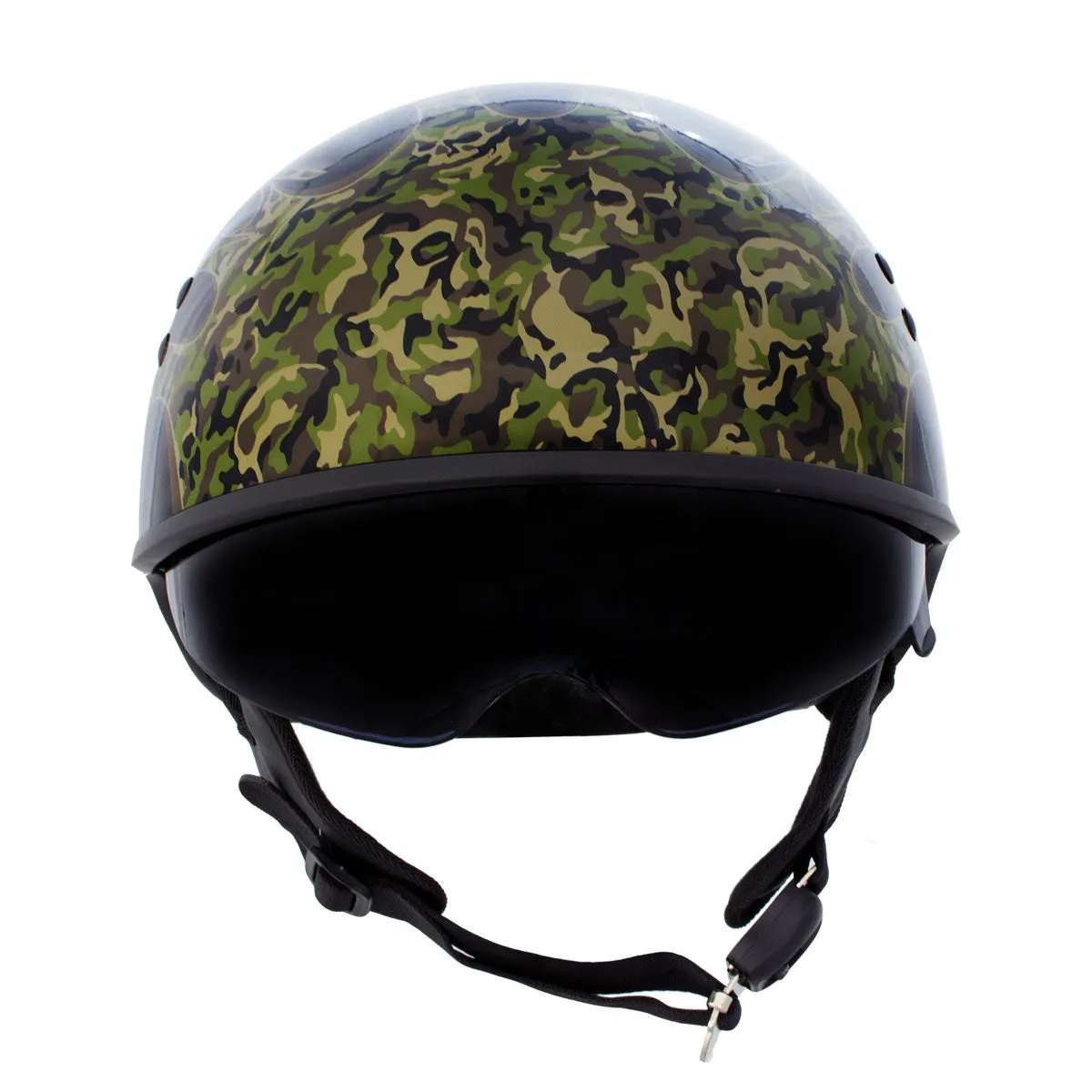 Hot Leathers HLD1047 Gloss Black 'Camo Skull Flames' Advanced DOT Skull Half Helmet with Drop Down Tinted Visor