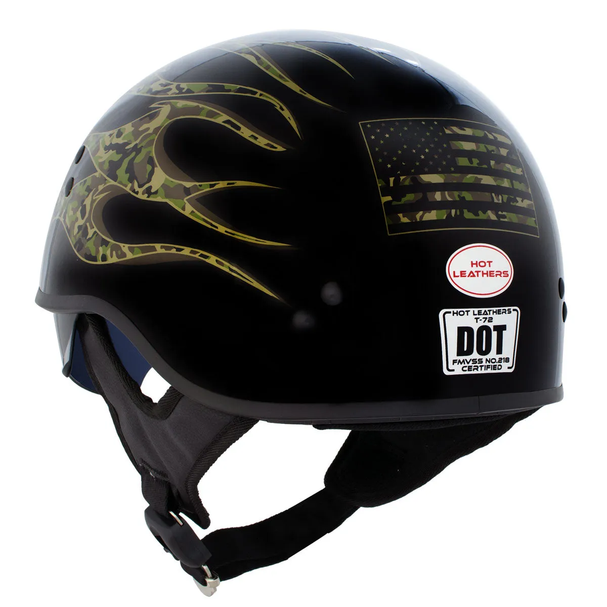 Hot Leathers HLD1047 Gloss Black 'Camo Skull Flames' Advanced DOT Skull Half Helmet with Drop Down Tinted Visor