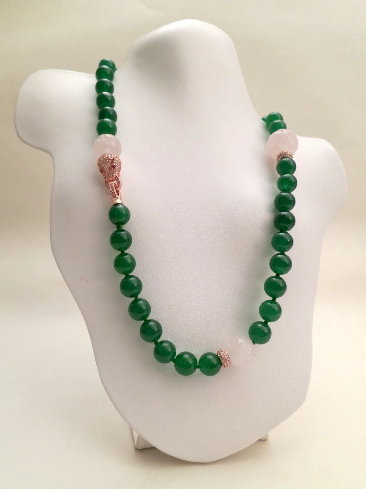 Imperial Green Color Round Jade and Rose Quartz Carved Bead Necklace