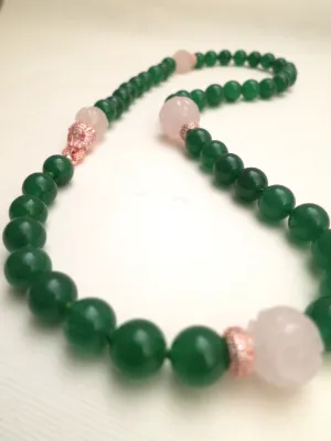 Imperial Green Color Round Jade and Rose Quartz Carved Bead Necklace