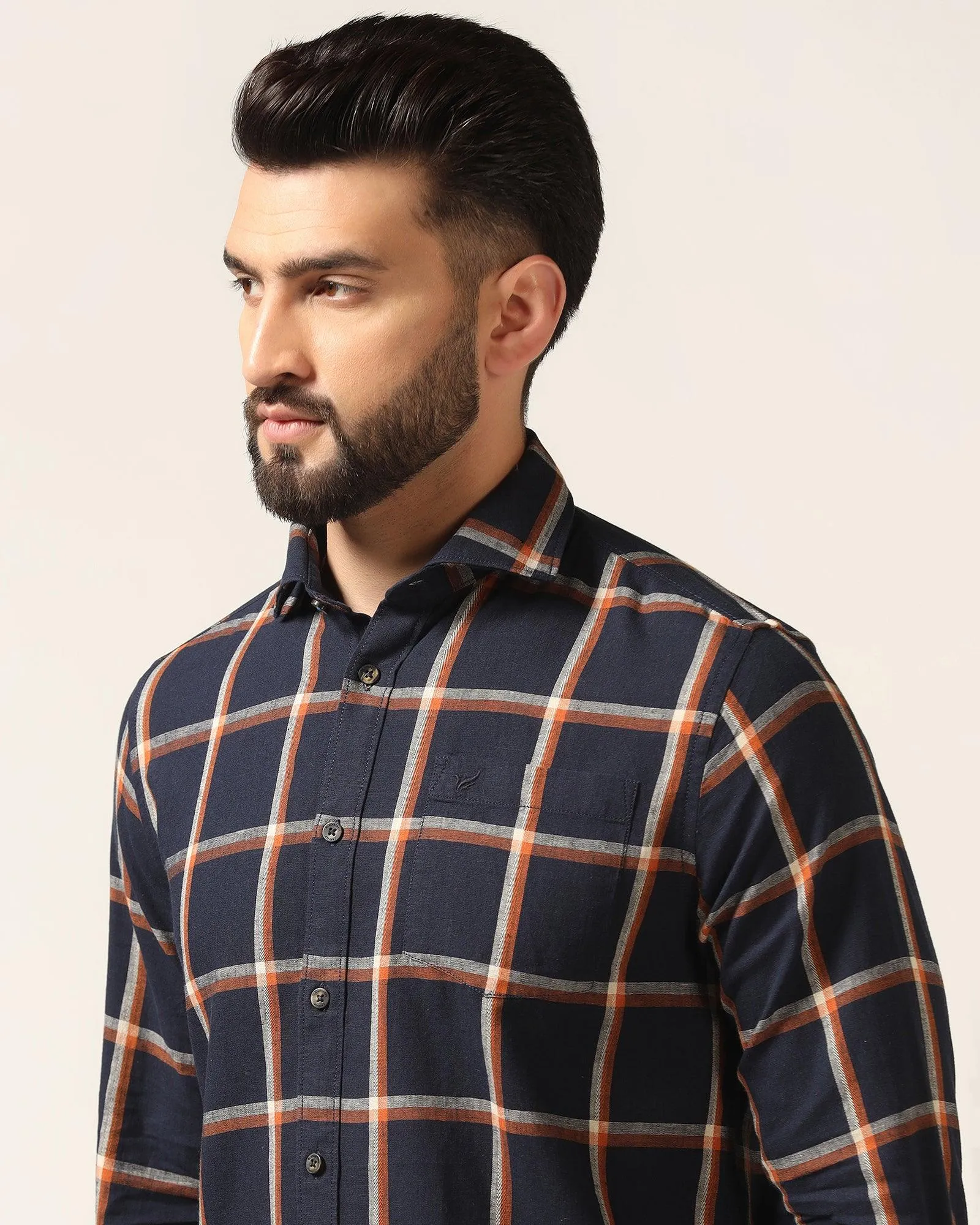 Linen Casual Navy Check Shirt - Albert