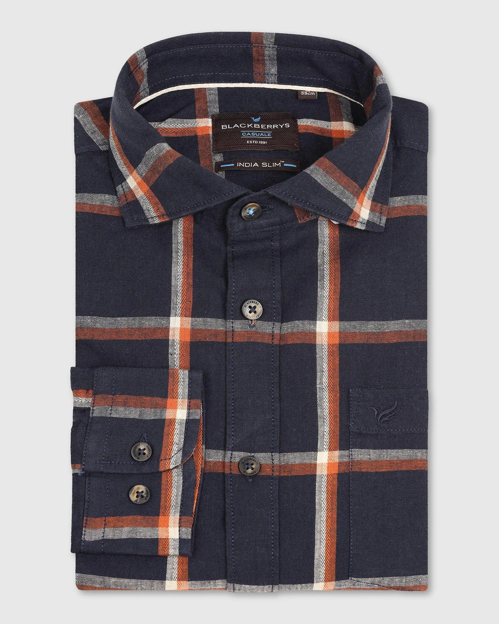 Linen Casual Navy Check Shirt - Albert