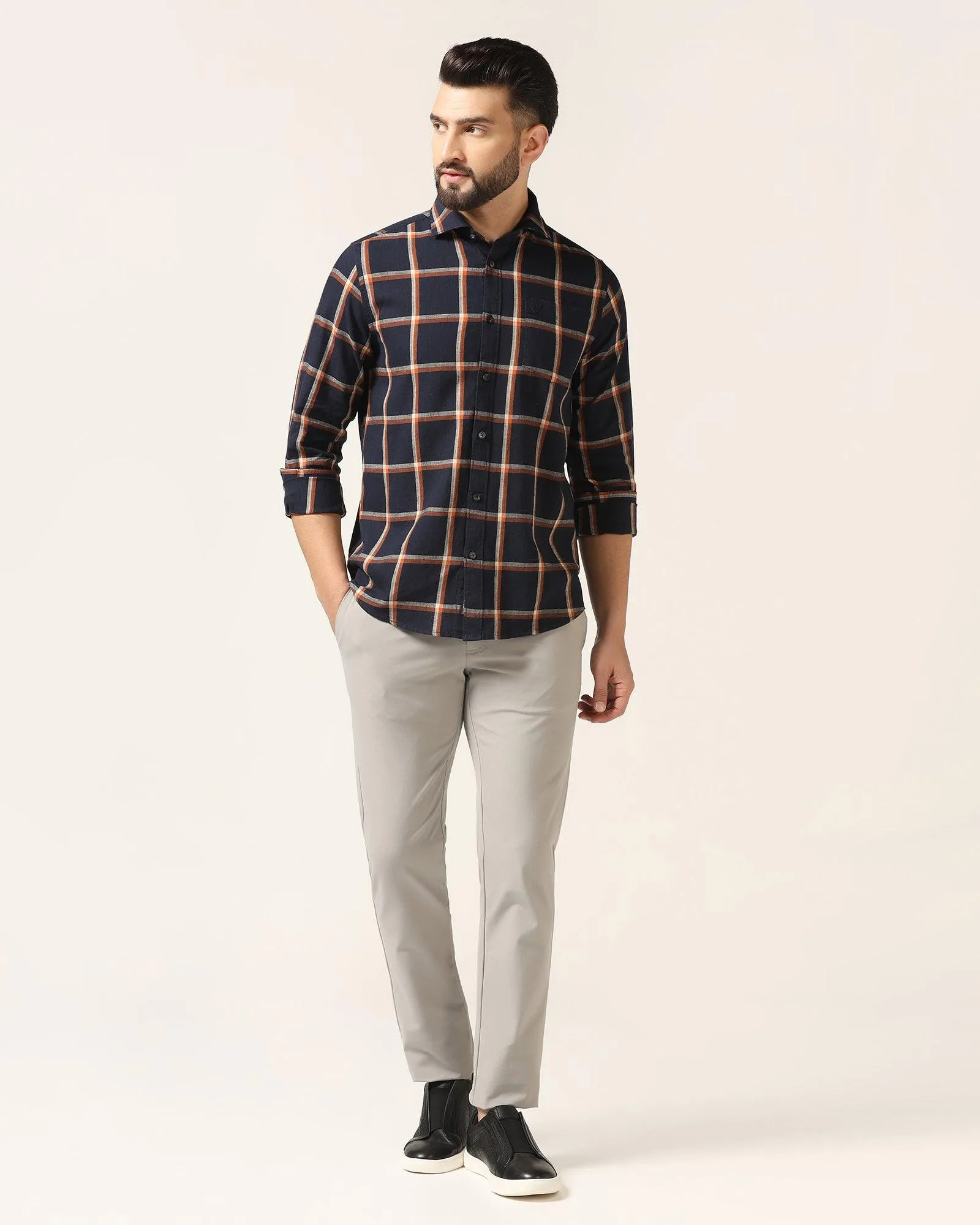 Linen Casual Navy Check Shirt - Albert