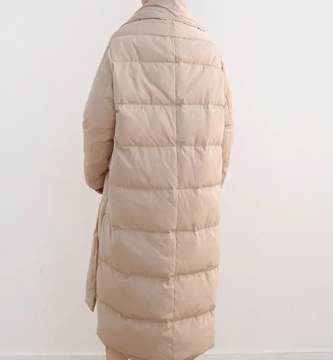 Long Belted Down Coat for Women,Winter 90% White Duck Down Puffer Coat 0025