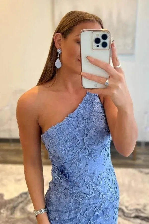 Mermaid One Shoulder Blue Long Lace Prom Evening Dress With Split  PSK412