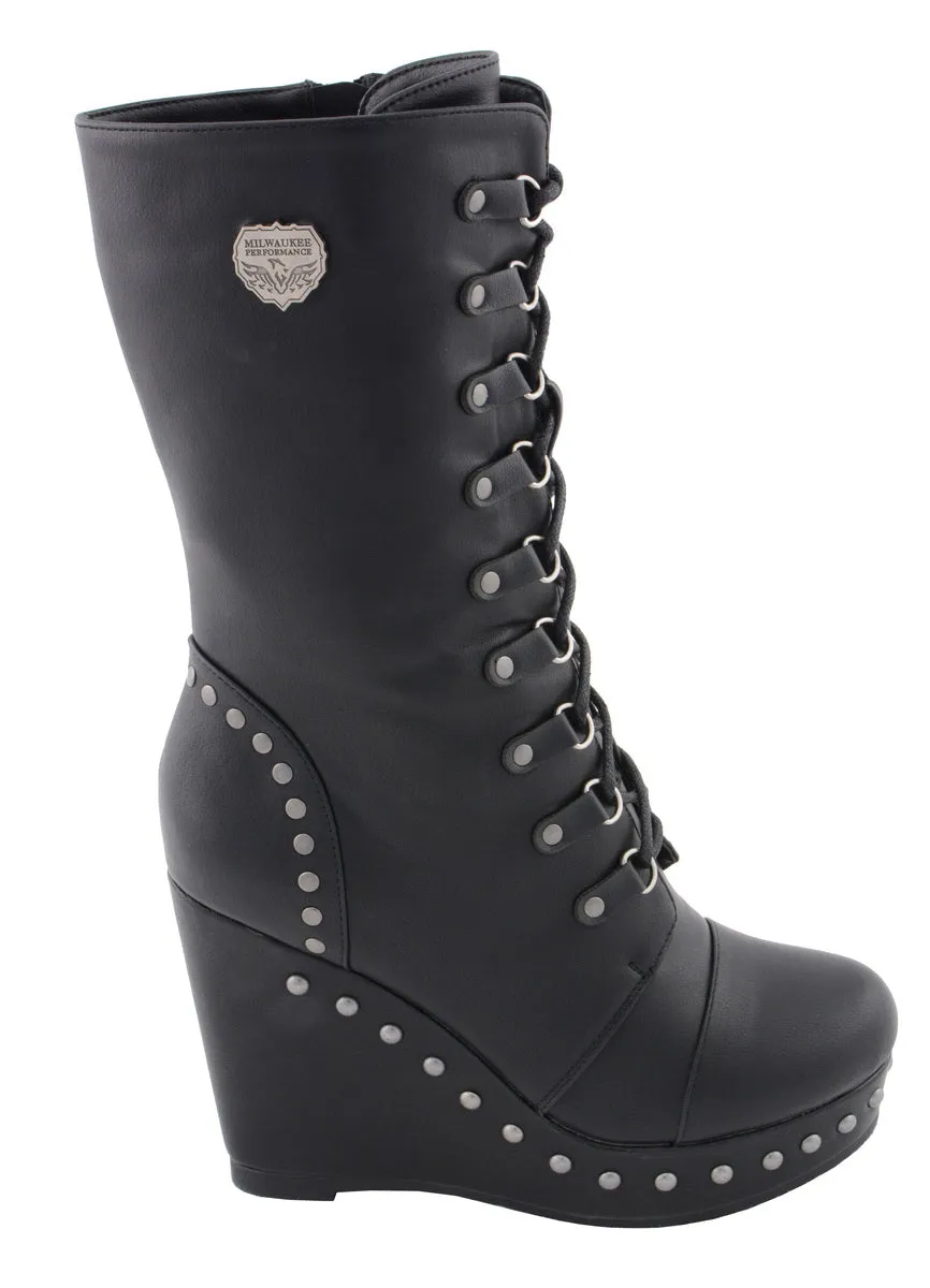 Milwaukee Leather MBL9438 Women's Black Lace-Up Boots with Platform Wedge