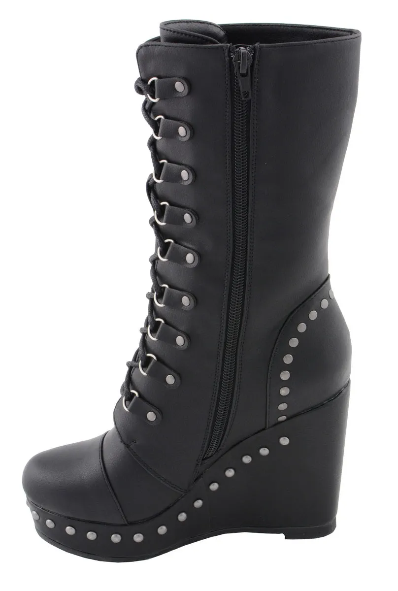 Milwaukee Leather MBL9438 Women's Black Lace-Up Boots with Platform Wedge