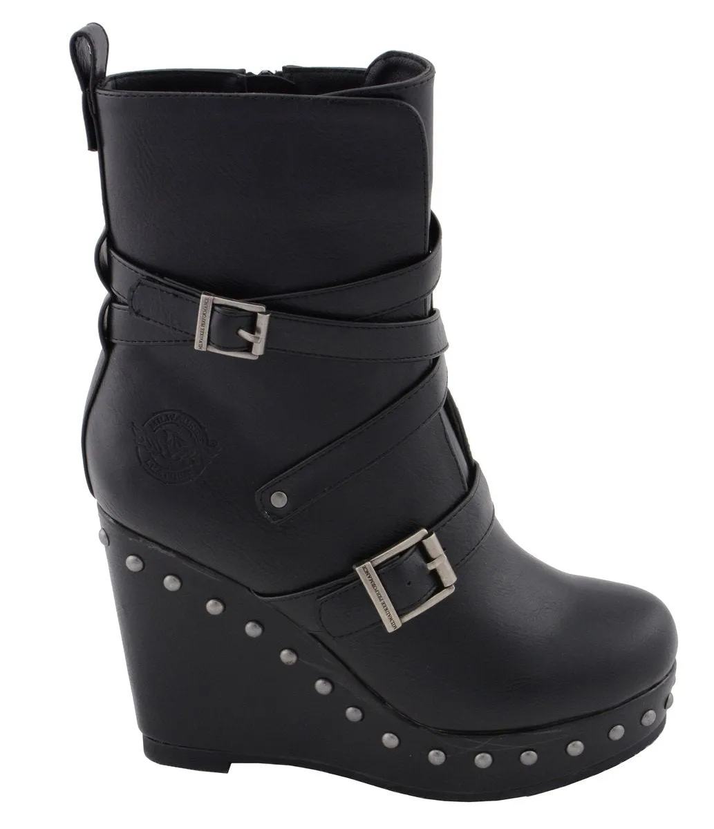 Milwaukee Leather Women's Black Triple Strap Fashion Boots with Platform Wedge MBL9437