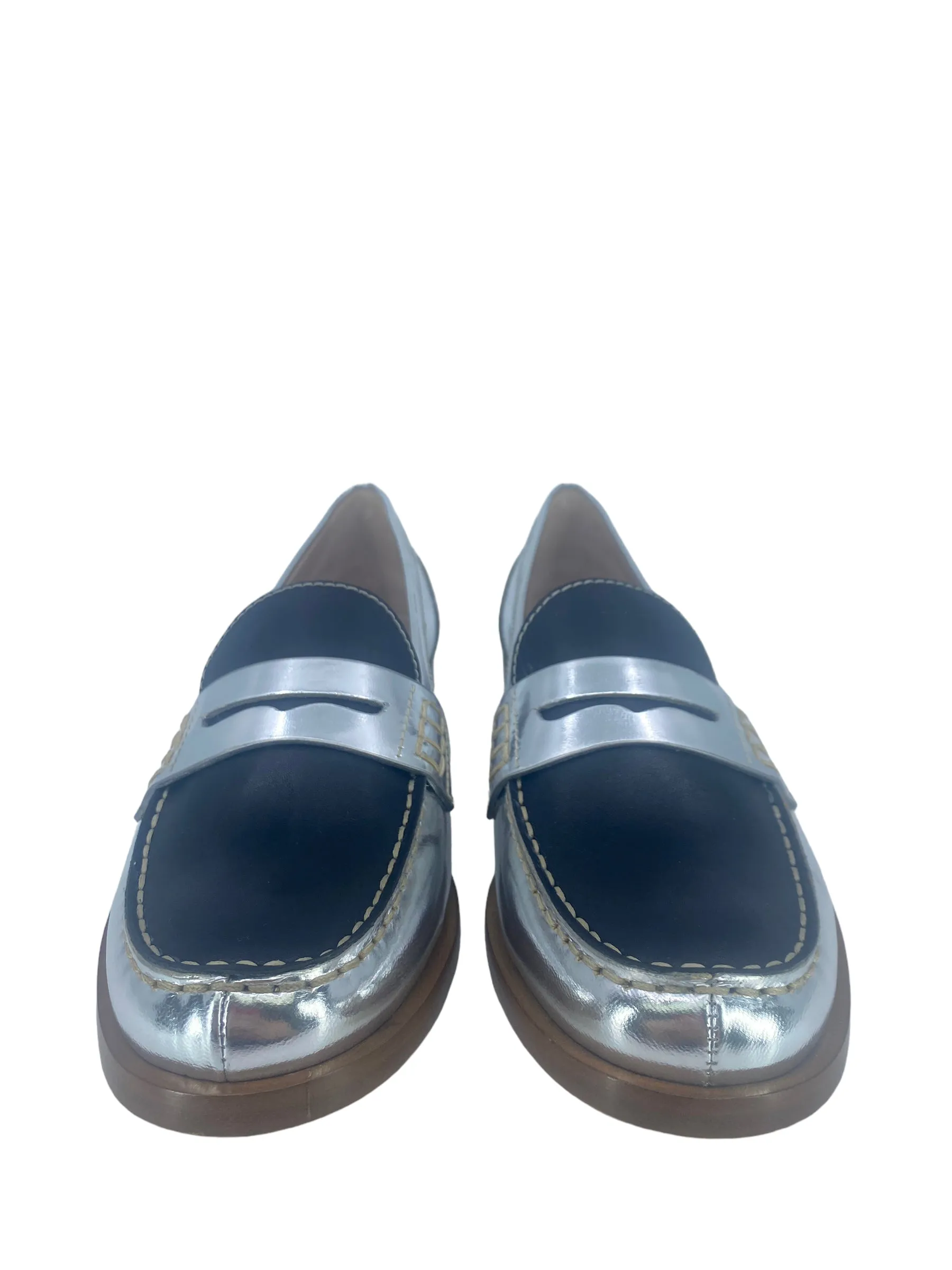 Miu Miu Metallic Silver and Black Leather Penny Loafers Size 37 IT