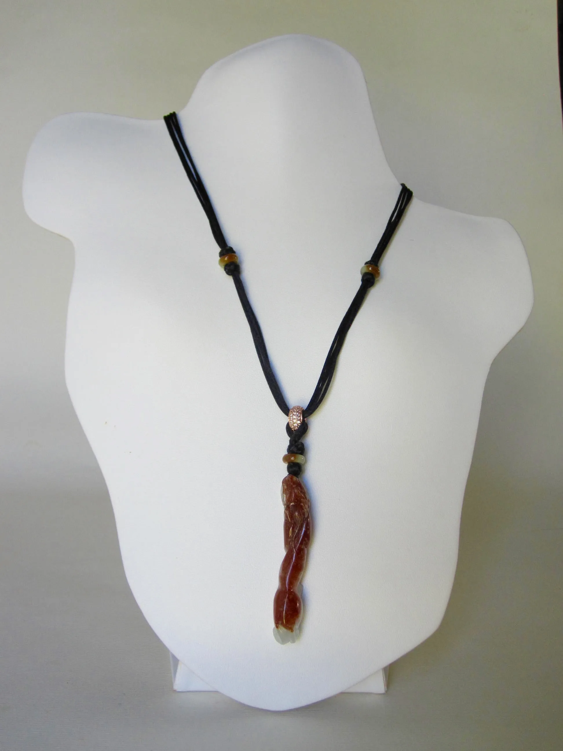 Natural Brown Dragon Hook Jade  Pendant and Black Silk Chain & Knots Necklace