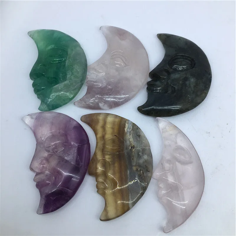 Natural Crystal Fluorite Carved Colorful Fluorite Moon Face Ornaments