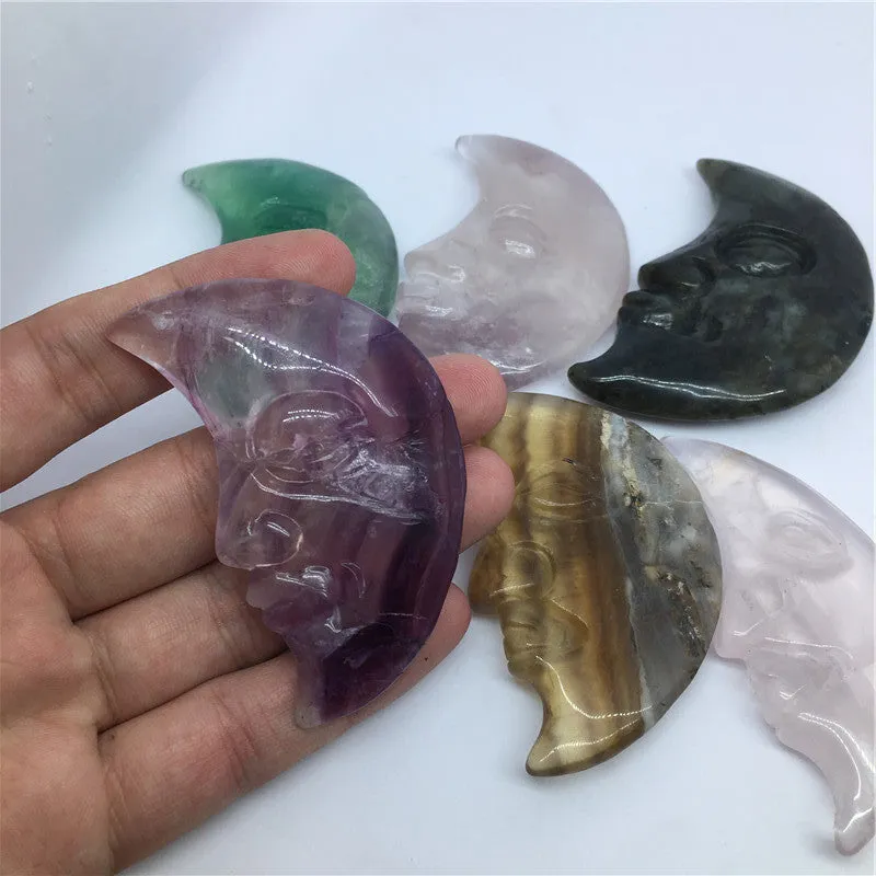 Natural Crystal Fluorite Carved Colorful Fluorite Moon Face Ornaments