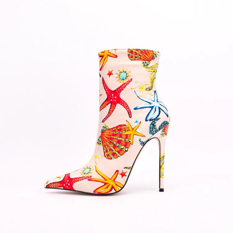 Ocean Dream Printed Pointed Toe Ankle Boots