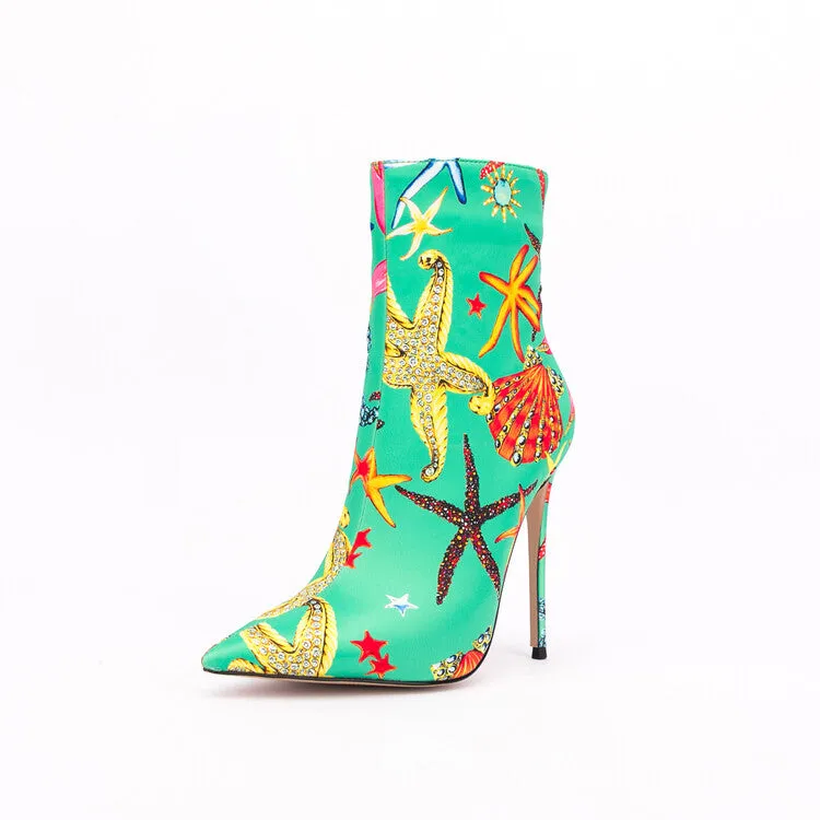 Ocean Dream Printed Pointed Toe Ankle Boots