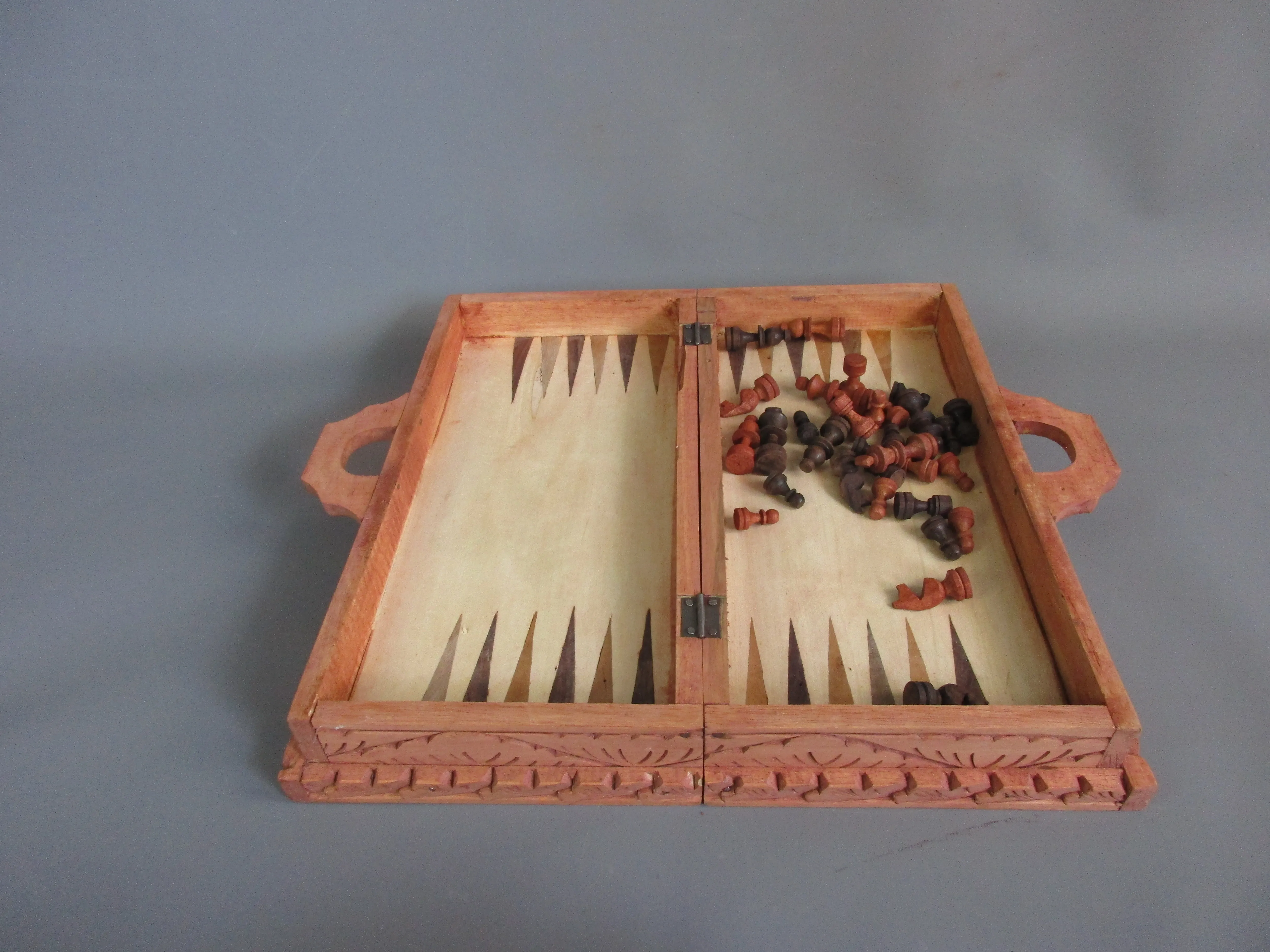 Ornate Carved Wooden Backgammon and Chess Game Case