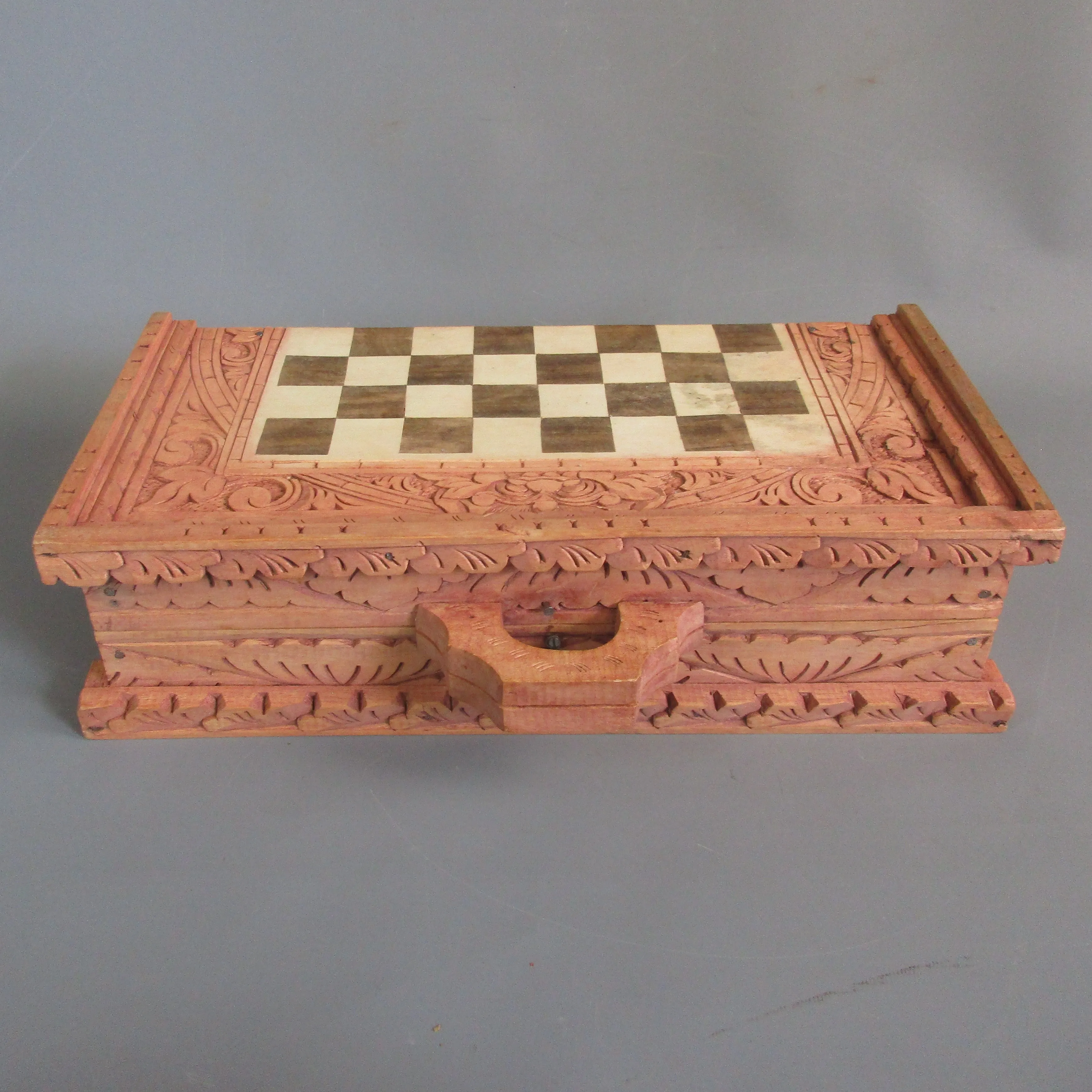 Ornate Carved Wooden Backgammon and Chess Game Case