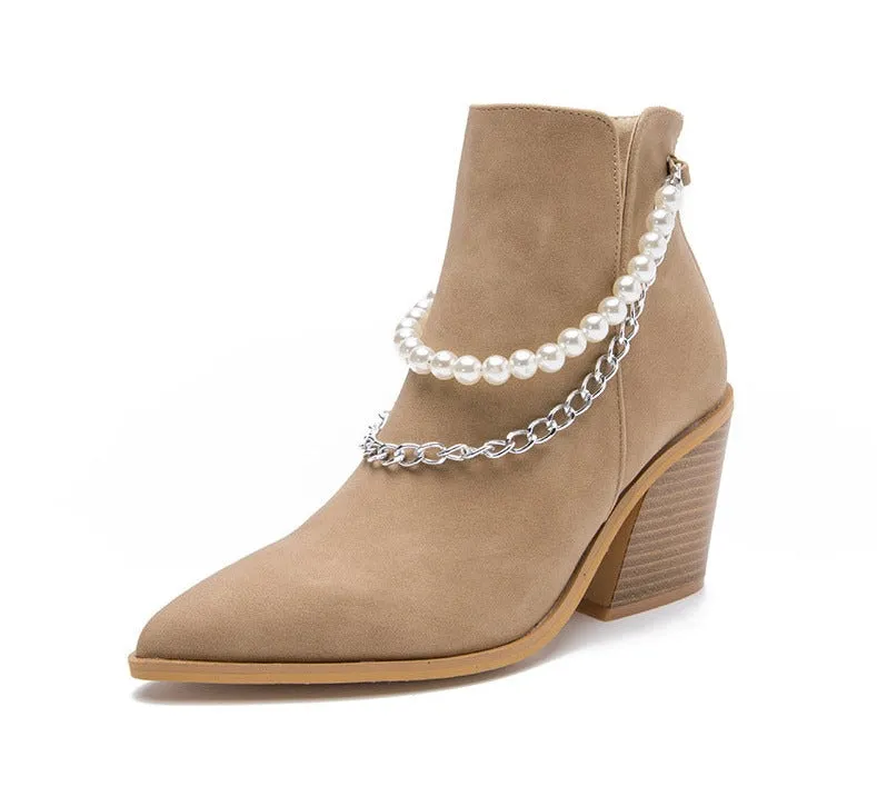 Pearls Chain Pointed Toe Wedge Heels Cowboy Boots