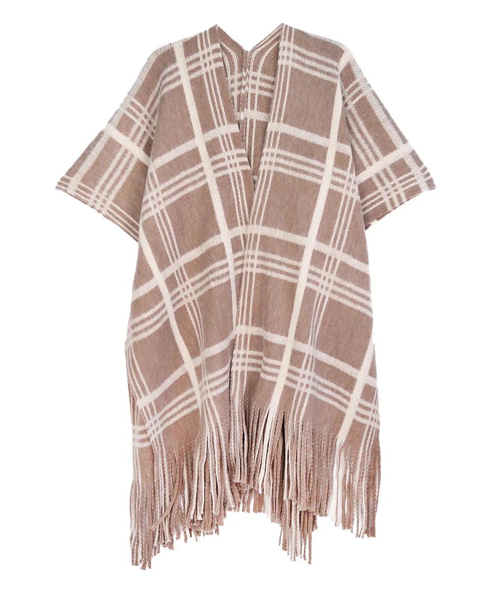 Plaid fringe-hem kimono