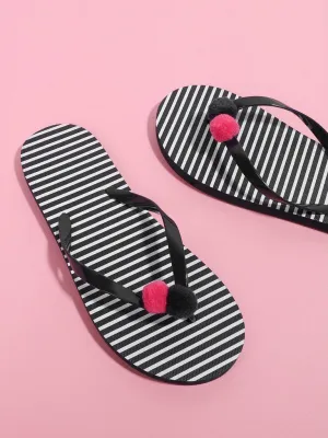 Pom Pom Detail Striped Flip Flops